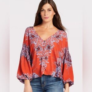 Free People Birds Of A Feather Red Floral Boho Blouse Size Small